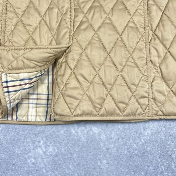L.L.Bean Gold Quilted Jacket Women Small Tan Nova Check Plaid Lined Snap Button - Picture 7 of 9